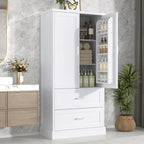 Armoire haute de rangement pour salle de bains, avec deux portes et tiroirs, étagère réglable, panneau MDF