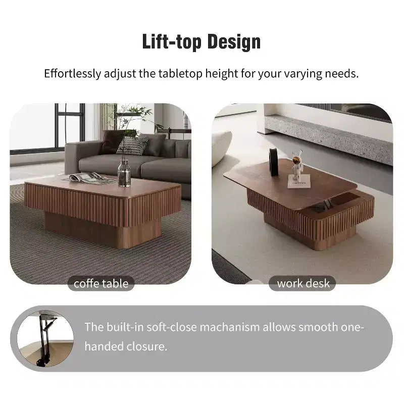 Table basse cannelée JVNOXK de 38,6' avec plateau relevable et rangement, placage en bois massif, hauteur réglable, table d’appoint moderne pour le salon ou la chambre, noyer