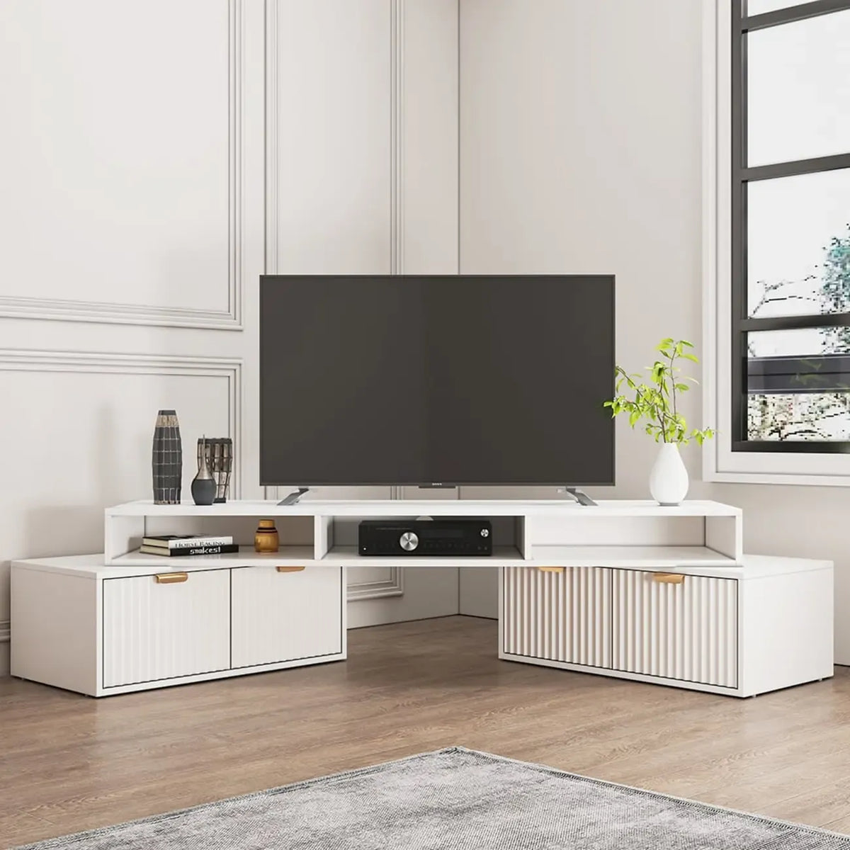 Meuble TV d'angle moderne blanc à 2 tiroirs avec rangement ouvert