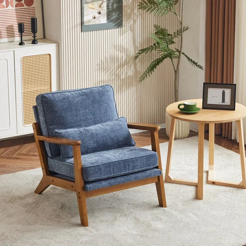 Polster-Sessel aus Leinenmischgewebe mit Holzbeinen und einem Kissen, Beige