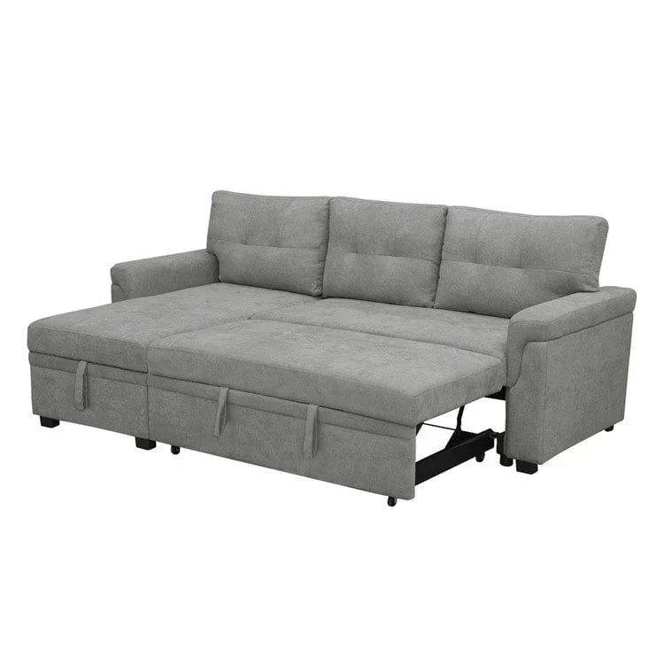 Umwandelbares, beidseitig montierbares Ecksofa mit ausziehbarem Schlafbett, verstecktem Stauraum in der Recamiere und robusten Beinen