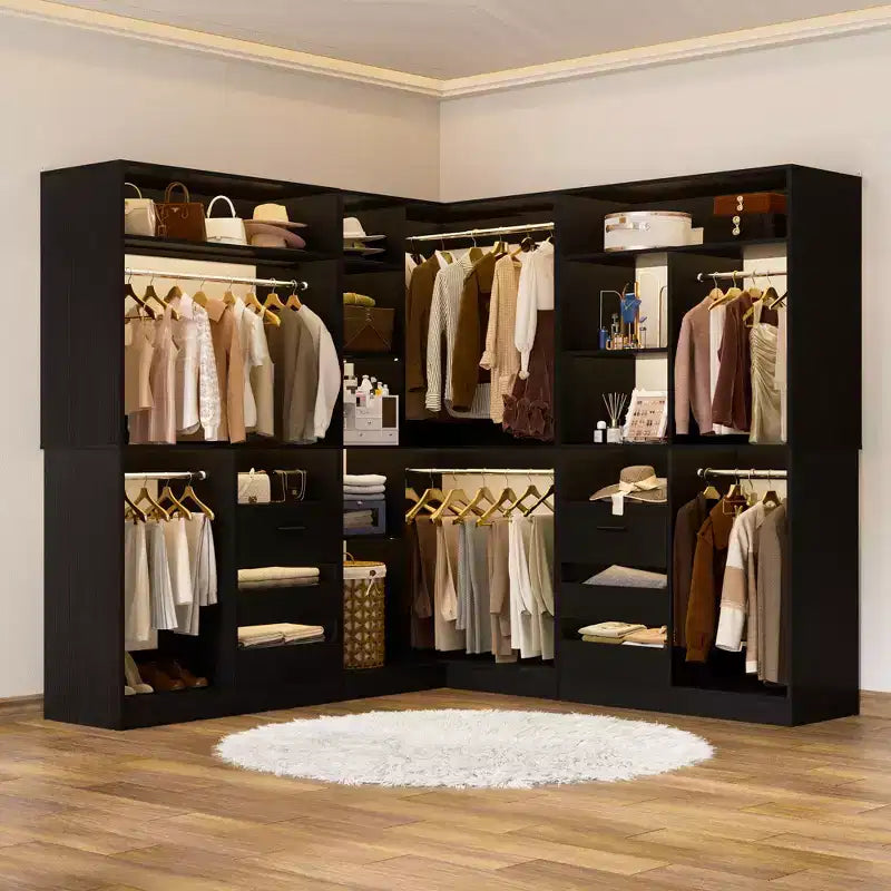 Ensemble Besiost de 3 éléments pour dressing d’angle avec étagères en colonne et tiroirs, organisateur de dressing autoportant avec tringles