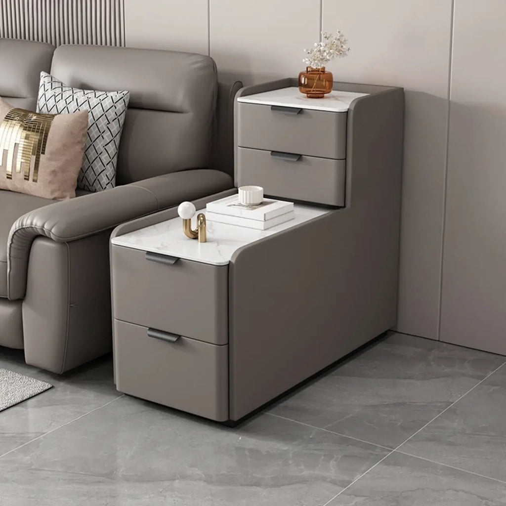 Hochseitentisch für Sofa in L-Form aus Holz mit 4 Schubladen und Steinplatte