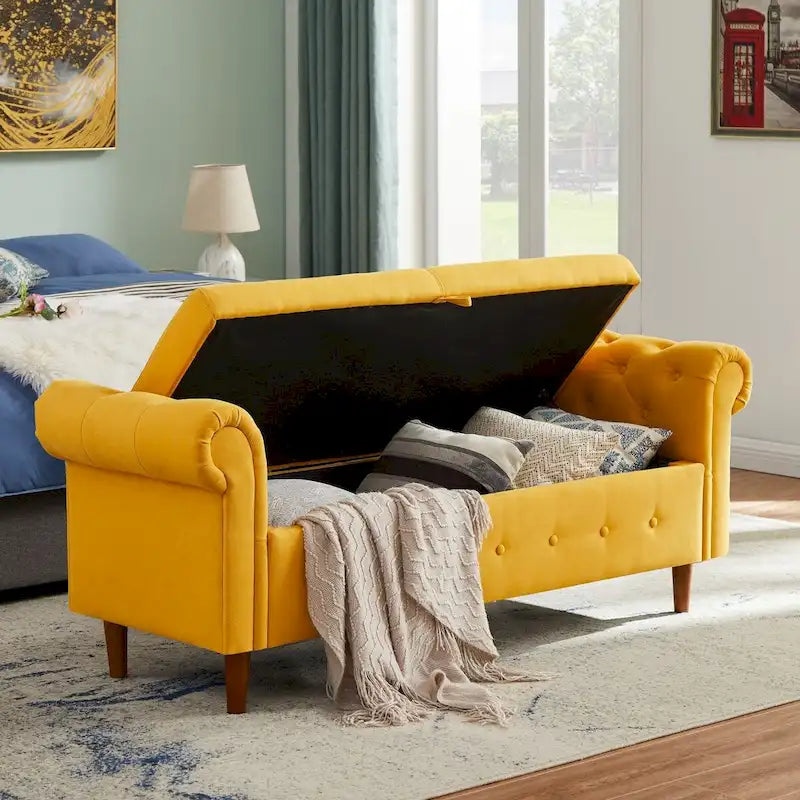 Banquette de rangement pour chambre, bout de lit, ottomane en velours à accoudoirs arrondis, canapé-banc long