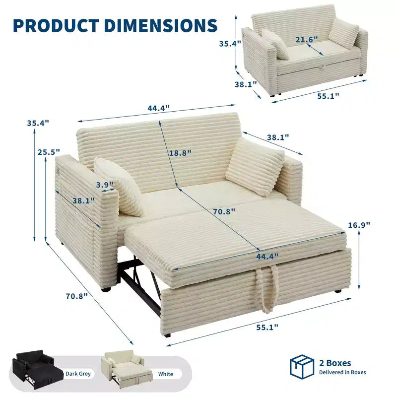 55 wandelbares 2-Sitzer-Schlafsofa mit ausziehbarer Fußstütze und verstellbarer Rückenlehne, platzsparendes Sofa für kleine Wohnungen