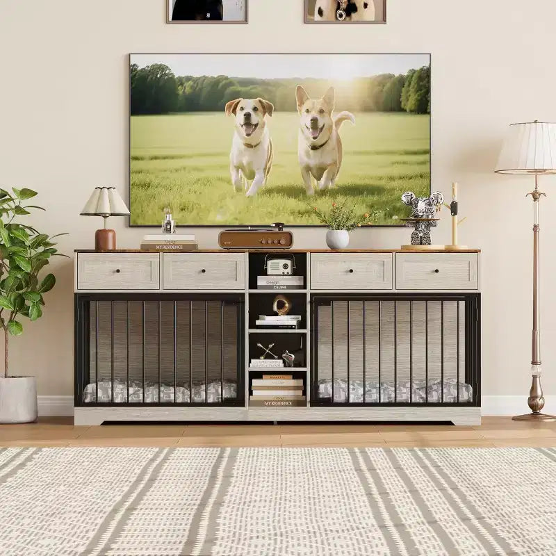 82 Möbel für zwei Hundeboxen, großer Hundezwinger für den Innenbereich für 2 Hunde, robuster Hundeschrank aus Holz als TV-Ständer mit 4 Schubladen und Regalen