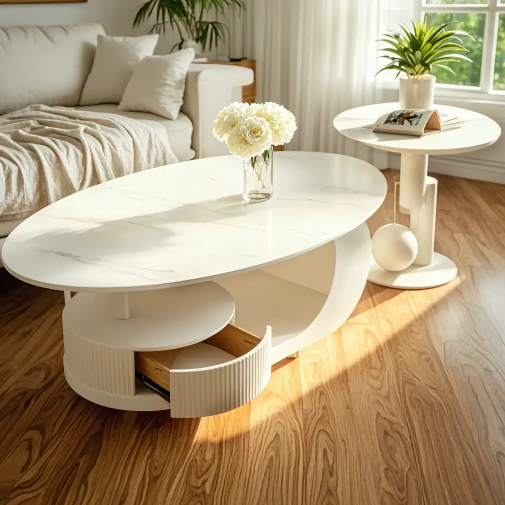 Moderne salontafel met wit stenen blad en krasbestendige afwerking