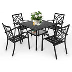 SUNCROWN 5/7-delige stalen tuin-eetsets, metalen tafel met lattenblad en stapelbare stoelen, gepoedercoat frame