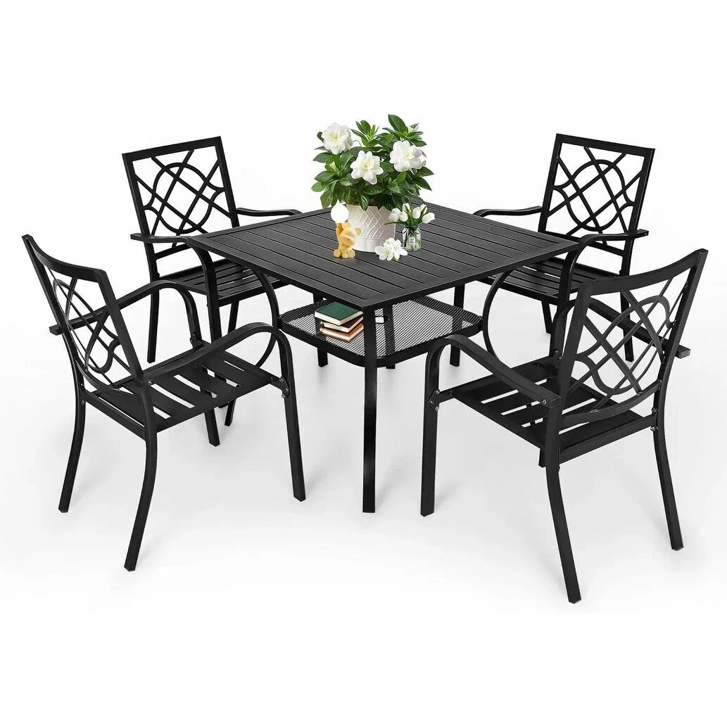 SUNCROWN 5/7-delige stalen tuin-eetsets, metalen tafel met lattenblad en stapelbare stoelen, gepoedercoat frame