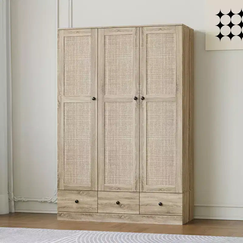 Famapy rotan kledingkast met 3 laden, kast met 3 ademende rotandeuren, hoge opbergkast in boerderijstijl voor de slaapkamer