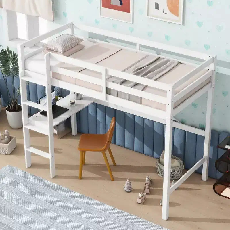 Okak Hochbett im minimalistischen Loft-Stil mit Leiter, Hochbett aus Gummibaumholz für eine Person mit Sicherheitsgeländer und integriertem Schreibtisch, Bettgestell für Kinder und Jugendliche