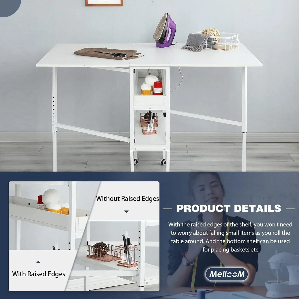 Table de bricolage réglable en hauteur avec étagères de rangement, table de découpe pliante mobile pour bureau à domicile, salle de couture ou atelier créatif