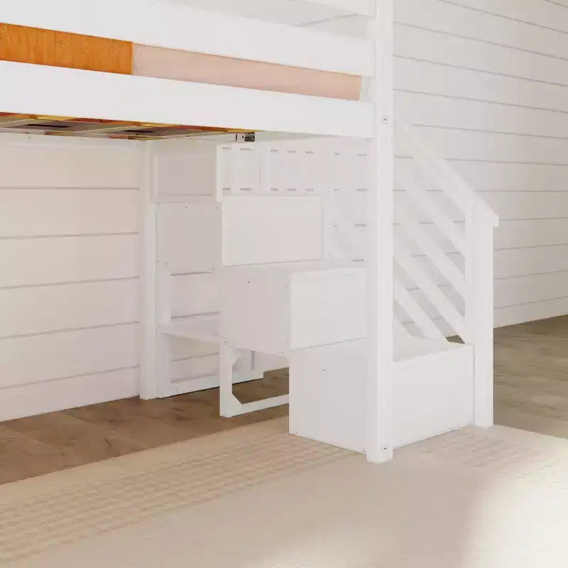 Niedriges Twin-Hochbett für Kinder mit Rutsche und Treppe, Massivholz, 14 Absturzsicherungen, Tragfähigkeit 400 lb