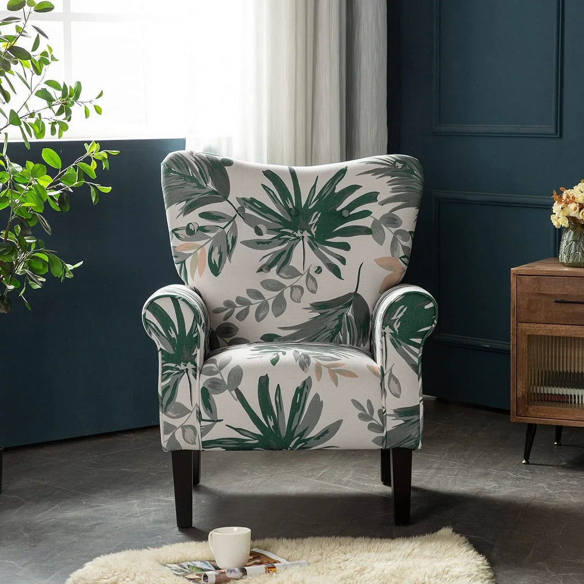 Erommy moderne accentstoel, fauteuil met hoge rugleuning, gestoffeerde stoffen fauteuil met knopen en houten poten voor de woonkamer