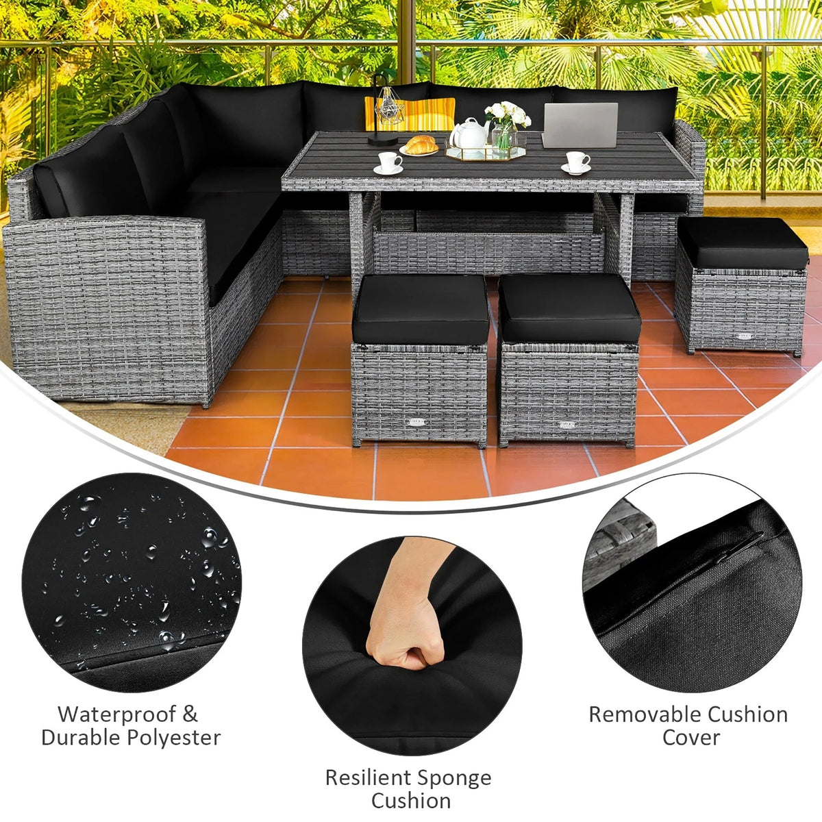 Costway Ensemble repas de jardin en rotin de 7 pièces, canapé d’angle, canapé et pouf — Voir les détails