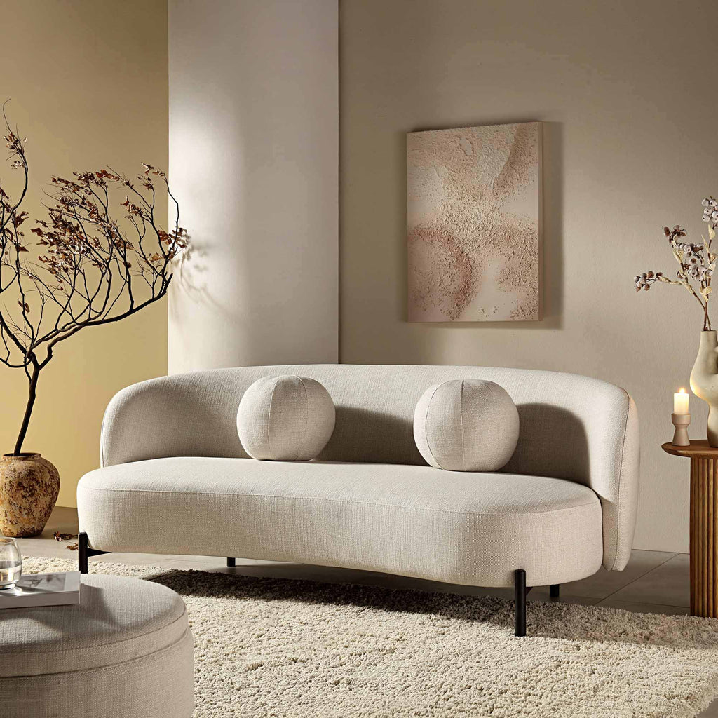 Gebogen 3-zitsbank met balvormige kussens, beige linnenmix
