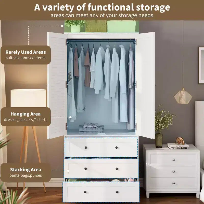 Armoire-penderie COZONY avec 3 tiroirs et 2 portes, meuble de rangement moderne en bois pour chambre, grande armoire blanche sur pied