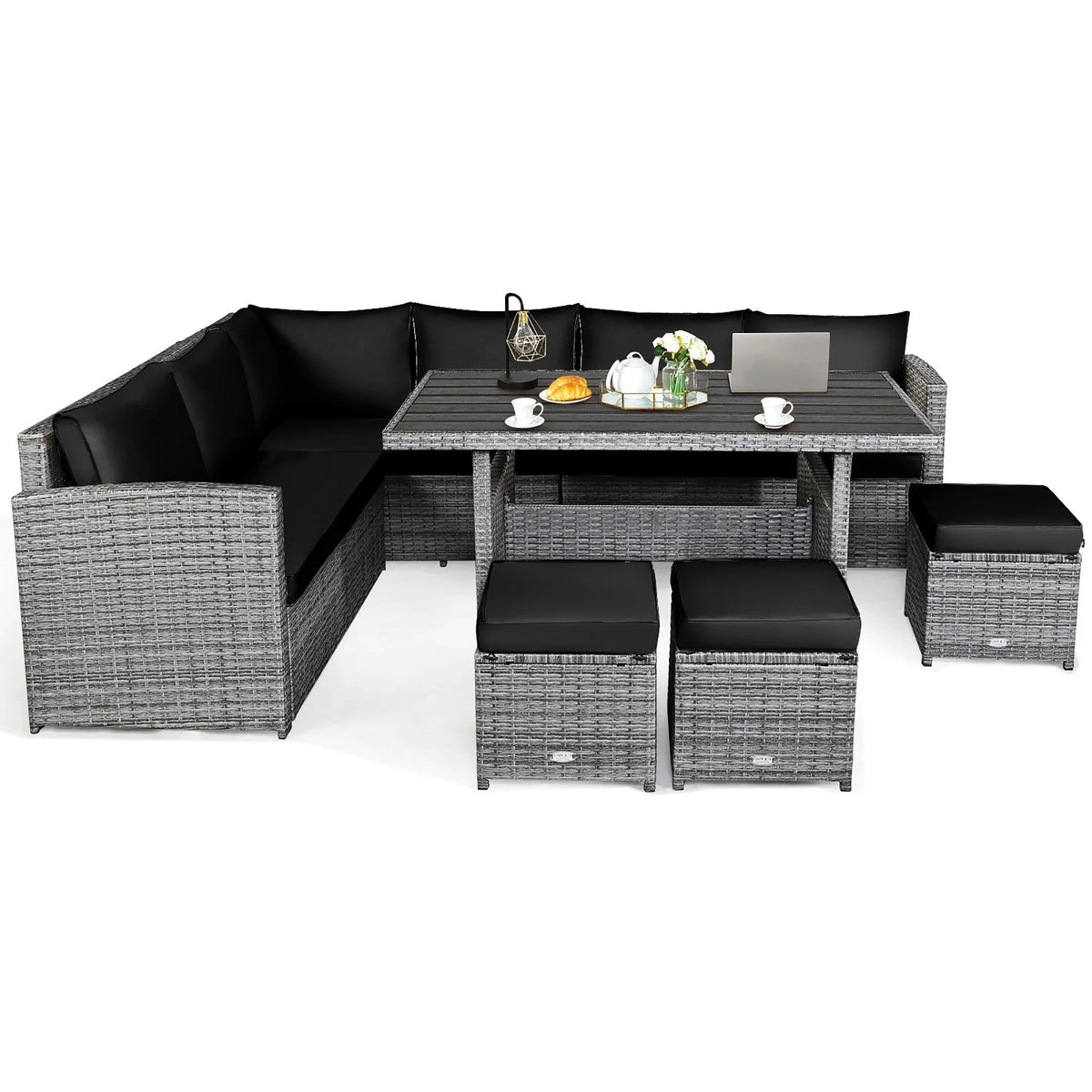 Costway Ensemble repas de jardin en rotin de 7 pièces, canapé d’angle, canapé et pouf — Voir les détails