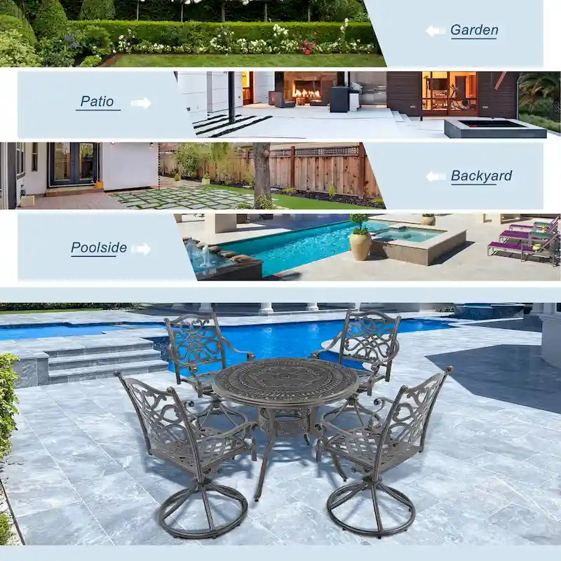 Ensemble de salle à manger de patio en aluminium moulé en 5 pièces avec 4 chaises pivotantes