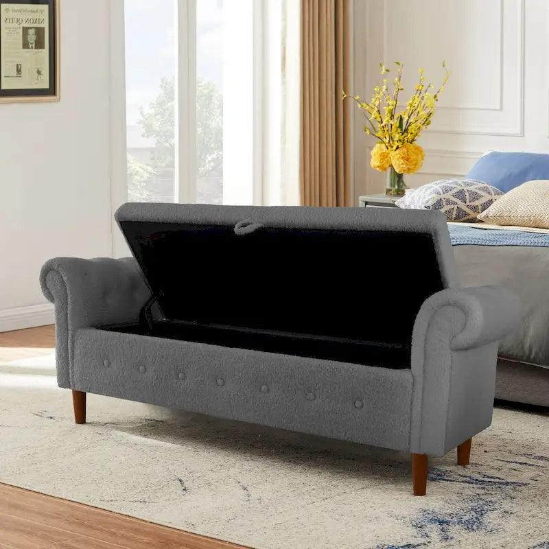 Banquette de rangement pour chambre, bout de lit, ottomane en velours à accoudoirs arrondis, canapé-banc long