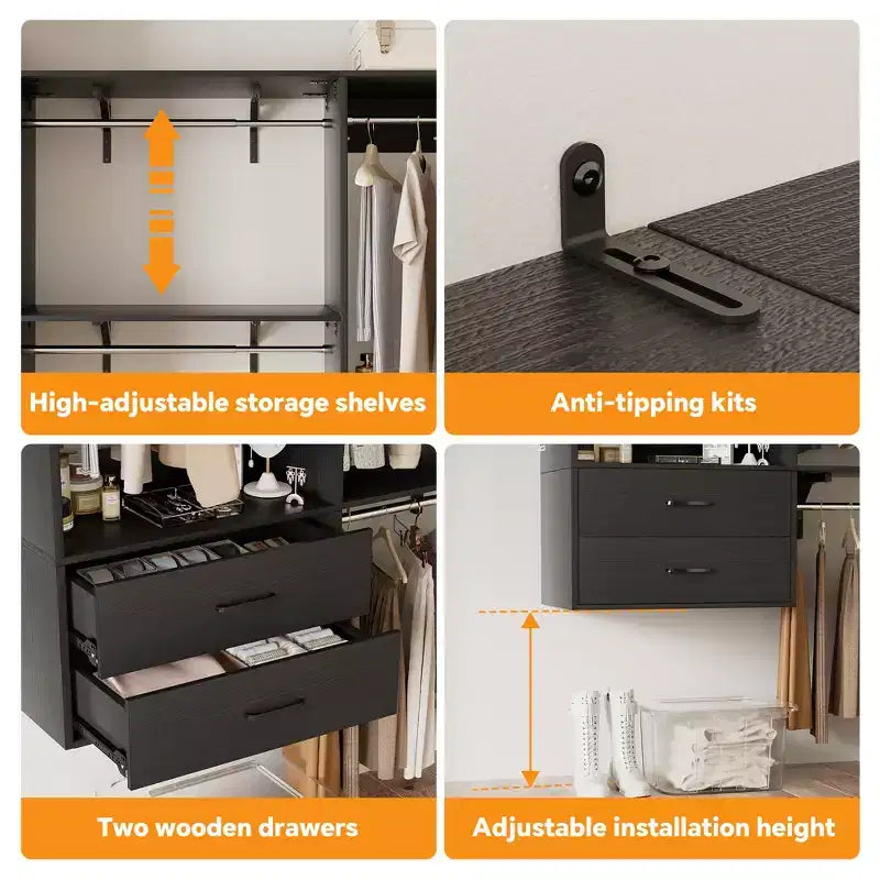 Vrijstaand garderobesysteem van Besiost met 8 kledingroedes en laden, hangende garderobe-opberger met 10 planken