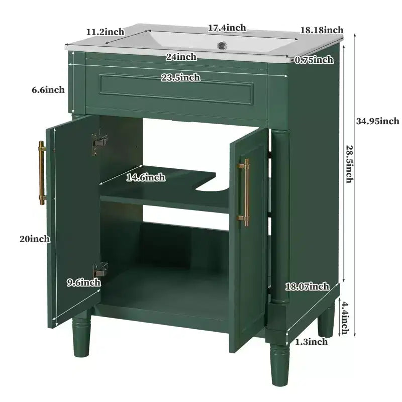 24-Zoll-Badezimmerunterschrank mit Keramikwaschbecken, Shaker-Schrank, 2 Türen mit Soft-Close-Funktion und Rahmen aus Massivholz für kleine Badezimmer oder Gäste-WCs