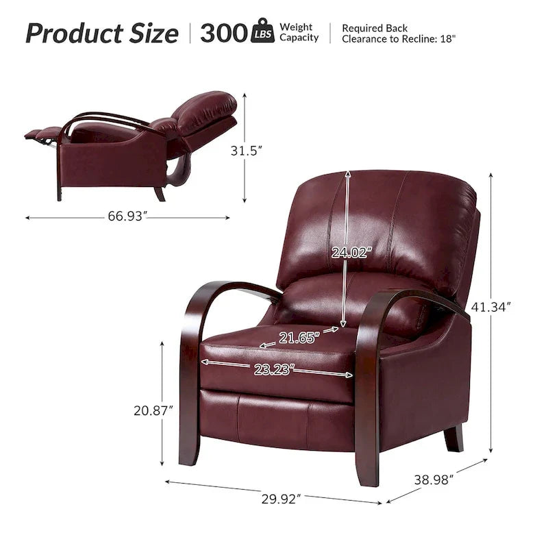 Alex moderner Relaxsessel im Mid-Century-Stil aus echtem Zigarrenleder mit manueller Verstellung und geschwungenen Holzarmlehnen