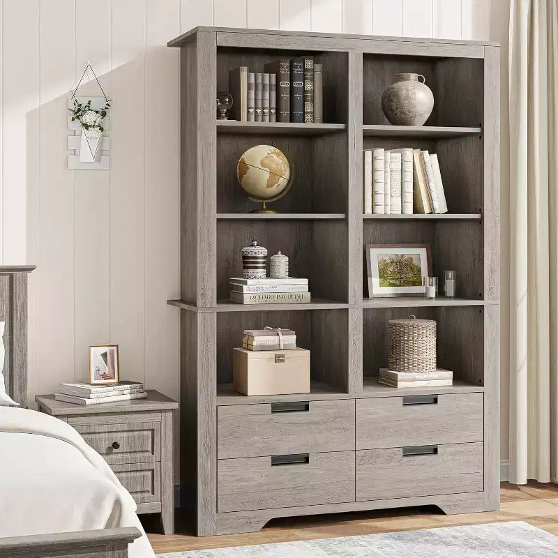 Bibliothèque haute de 72 pouces avec 4 tiroirs, bibliothèque de rangement autoportante de style maison de campagne pour chambre, salon et bureau à domicile