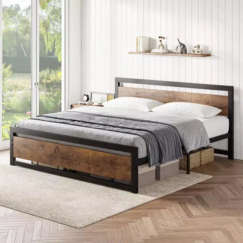 Cadre de lit robuste avec tête et pied de lit, plateforme métallique avec espace de rangement de 13,8, montage silencieux et sans outils, marron vintage