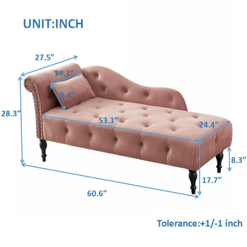 Chaise longue moderne de 60,6 po, capitonnée en velours avec boutons, pieds en bois massif et clous décoratifs