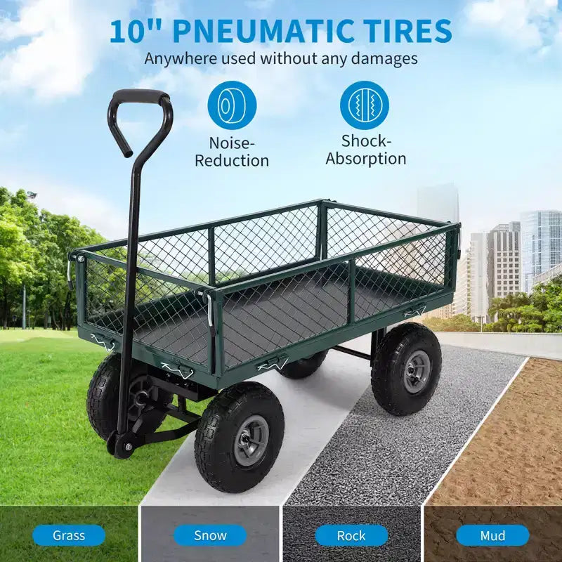 Chariot de jardin en acier robuste, 226,8 kg, chariot utilitaire pliable avec côtés en filet et doublure amovibles, 10 pneus gonflables, poignée de traction