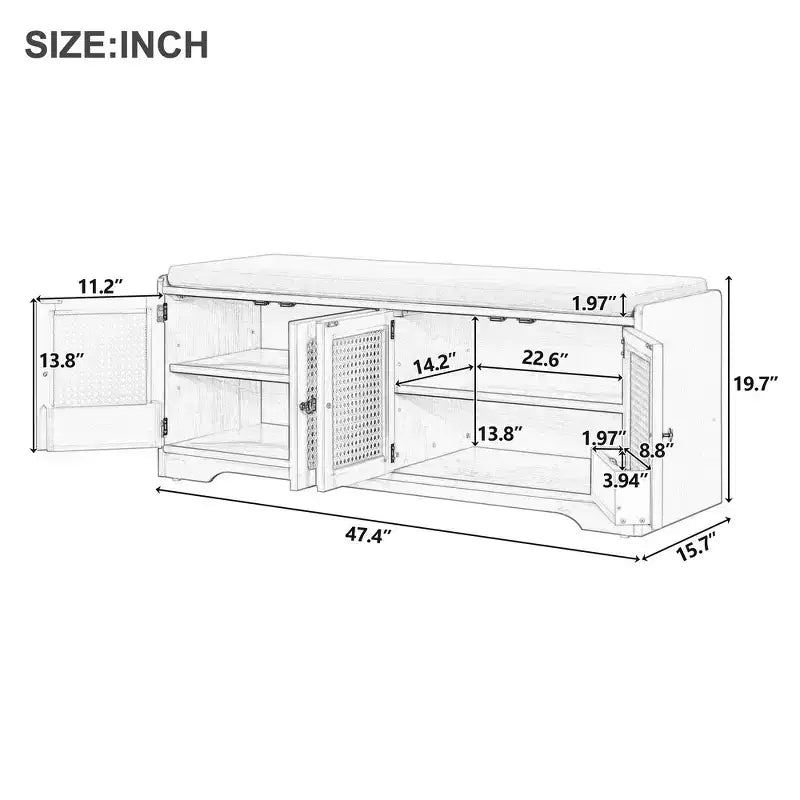 Banc de rangement rustique en bois Whisen, banc à chaussures pour entrée avec coussin amovible et étagères réglables