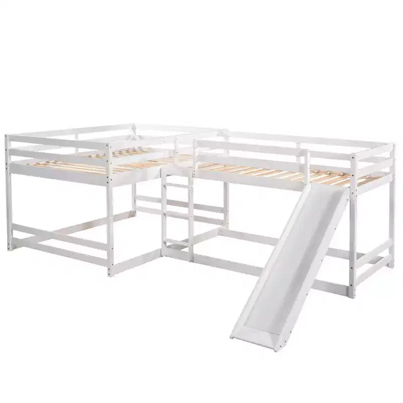 L-vormig stapelbed voor 4 kinderen, vierpersoons stapelbed met glijbaan, houten stapelbedframe met full- en twinbed voor slaapkamer of slaapzaal