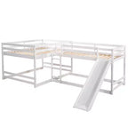 L-vormig stapelbed voor 4 kinderen, vierpersoons stapelbed met glijbaan, houten stapelbedframe met full- en twinbed voor slaapkamer of slaapzaal