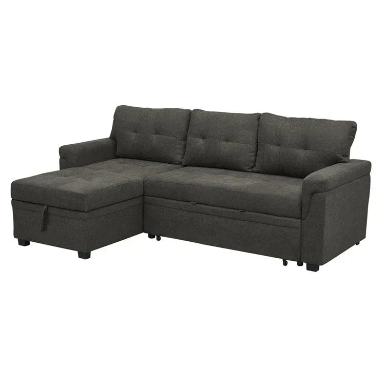 Umwandelbares, beidseitig montierbares Ecksofa mit ausziehbarem Schlafbett, verstecktem Stauraum in der Recamiere und robusten Beinen