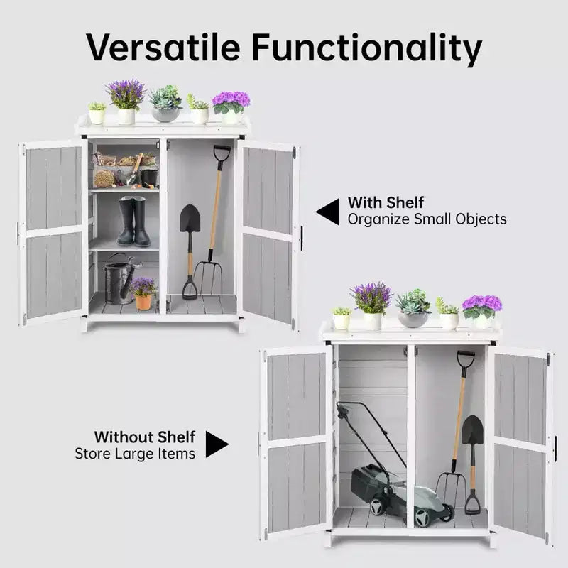 Armoire de rangement extérieur, établi de rempotage – poste de travail de jardin en bois imperméable avec plateau galvanisé, étagères réglables pour cour, terrasse ou pelouse