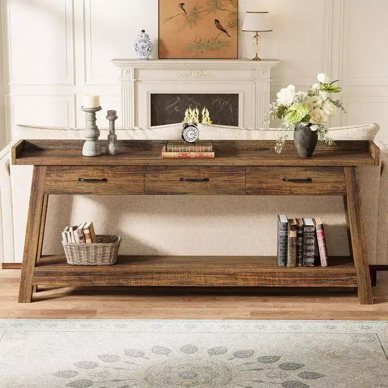 Table console Lantine à 2 niveaux avec 3 tiroirs, console de 70,9 avec rebord surélevé et étagères de rangement pour le salon, le couloir ou l’entrée