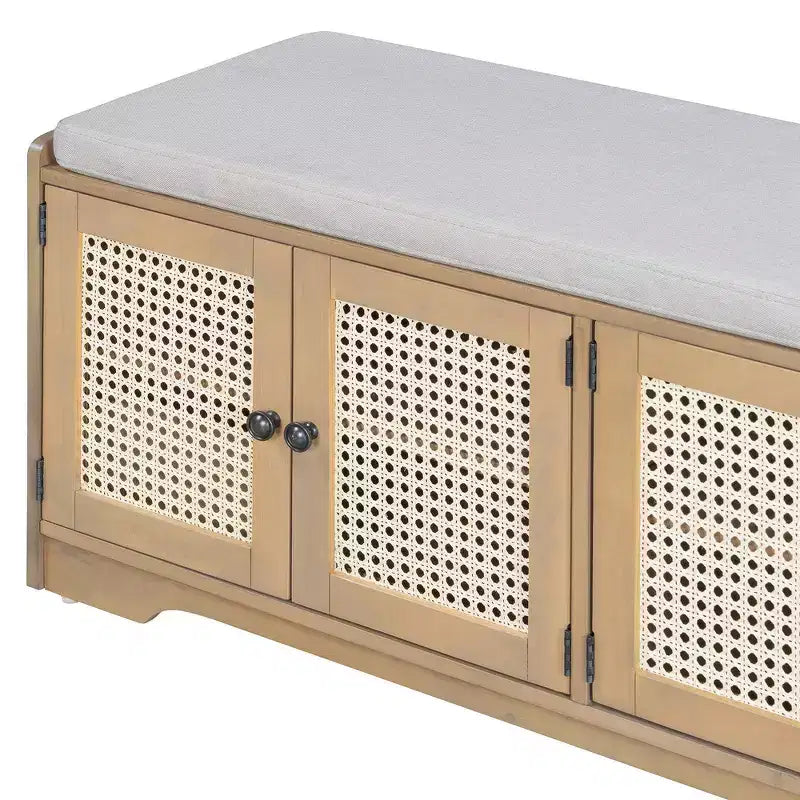 Banc de rangement rustique en bois Whisen, banc à chaussures pour entrée avec coussin amovible et étagères réglables