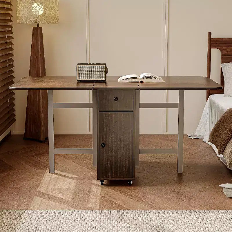 ATJafurn 59-Zoll-Klapptisch mit abklappbaren Tischplatten für kleine Räume, rechteckiger ausziehbarer Küchentisch aus Holz mit Rollen und Stauraum