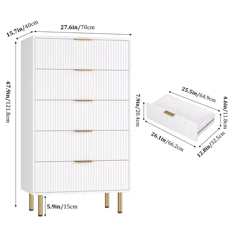 White / Marble & Wood 5-Drawer Dresser ?C Fluted Panel, for 1 Person Use
