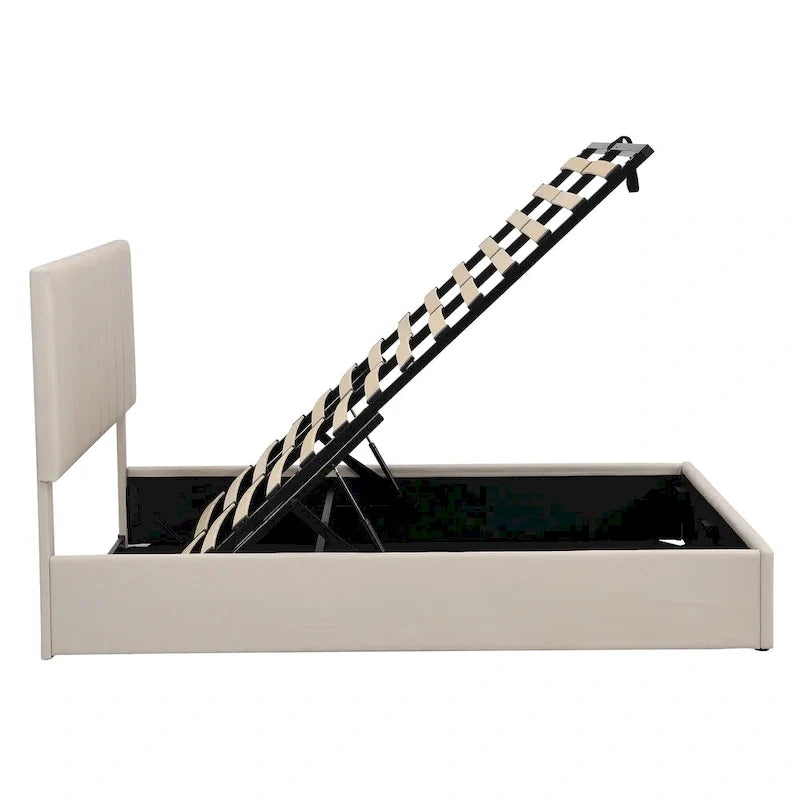 Lit plateforme queen-size rembourré avec système de rangement hydraulique - beige
