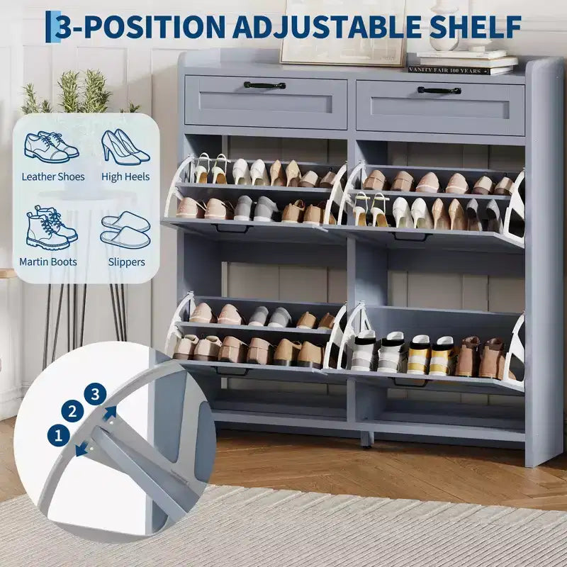 Meuble à chaussures avec 4 tiroirs basculants et 2 tiroirs supérieurs, meuble organiseur à chaussures en bois avec étagère réglable, meubles de rangement à chaussures autonomes
