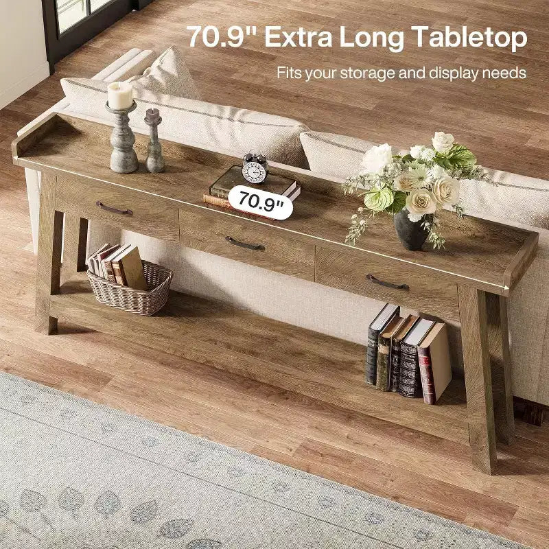 Table console Lantine à 2 niveaux avec 3 tiroirs, console de 70,9 avec rebord surélevé et étagères de rangement pour le salon, le couloir ou l’entrée