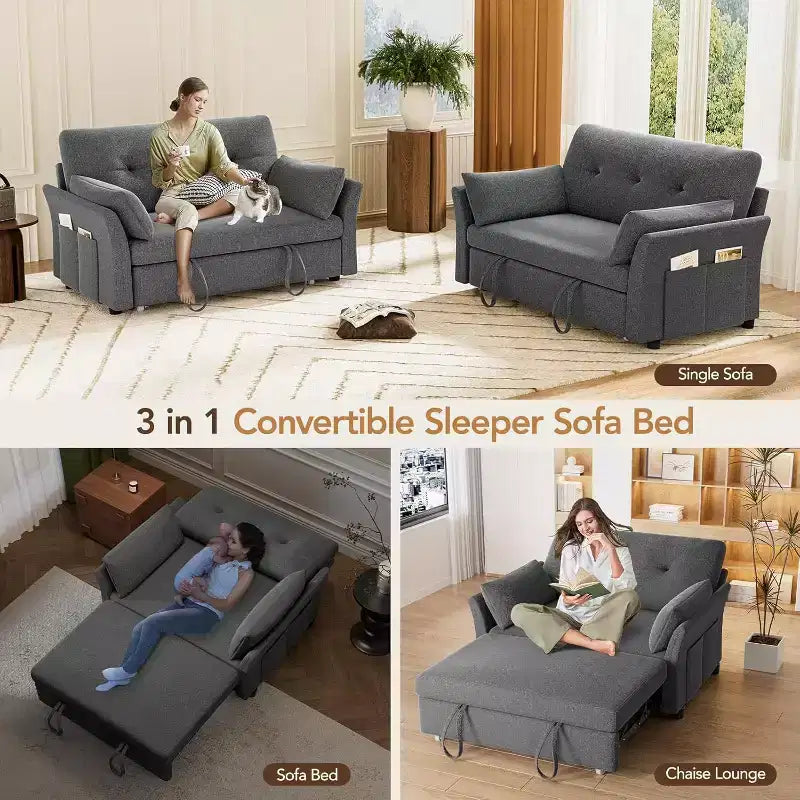 Dyonery 3-in-1-Schlafsofa, ausziehbares Schlafsofa mit Seitentasche und verstellbarer Rückenlehne, werkzeuglose Montage, klappbares Loveseat