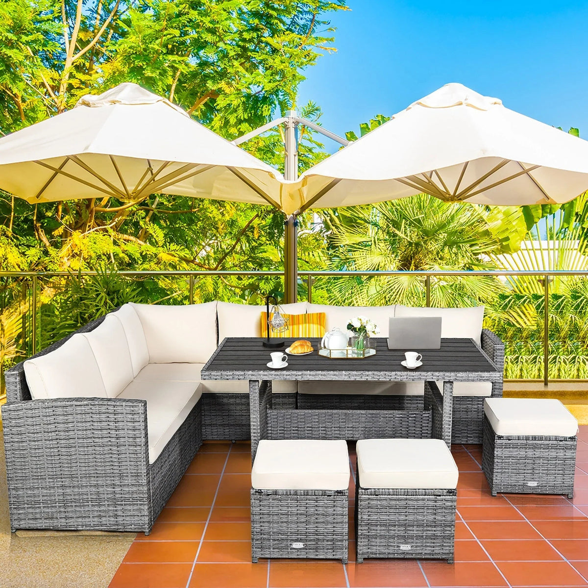 Costway Ensemble repas de jardin en rotin de 7 pièces, canapé d’angle, canapé et pouf — Voir les détails