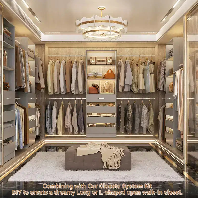Besiost Holz-Kleiderschrank-Organizersystem für 1,2–2,7 m mit 4 Schubladen, 4 Kleiderstangen und Regaltürmen