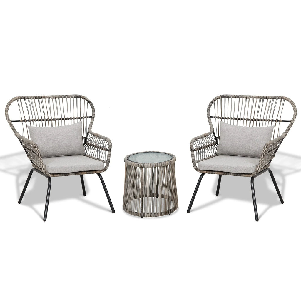 3-delige bistroset van wicker voor buiten, weerbestendige rotan tuinmeubelset met stoelen en kussens