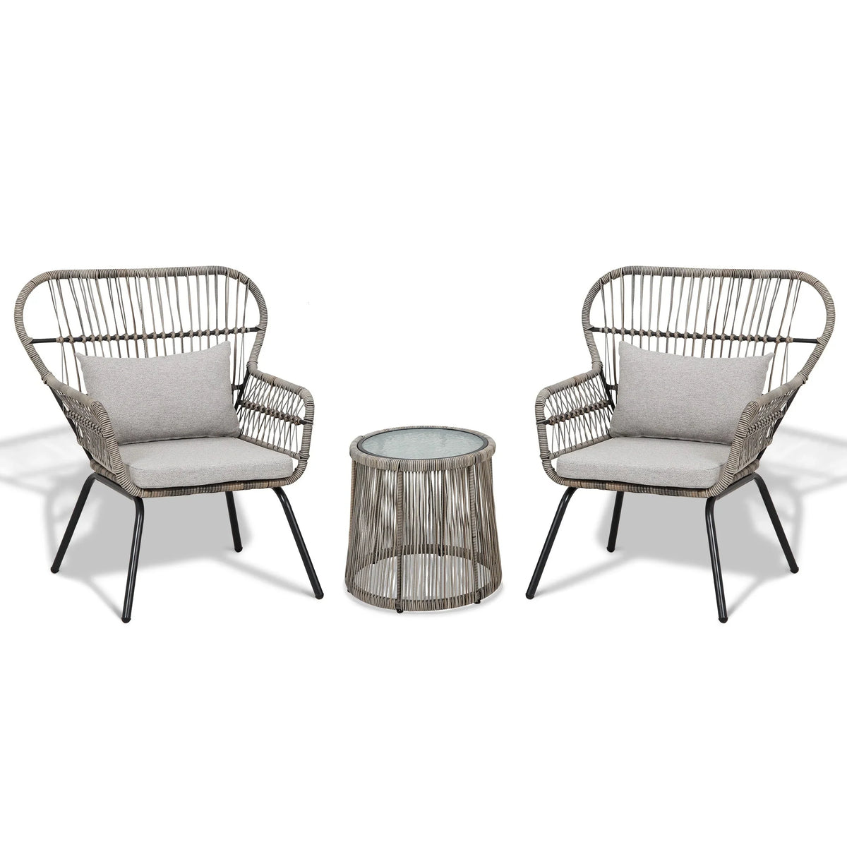3-delige bistroset van wicker voor buiten, weerbestendige rotan tuinmeubelset met stoelen en kussens