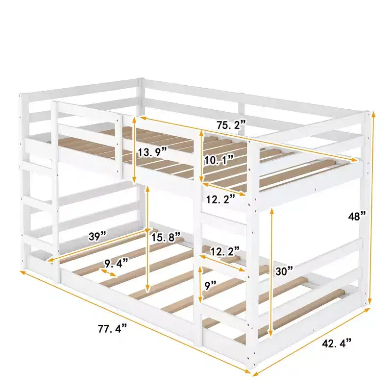 Lit superposé bas, lit superposé en bois au ras du sol avec échelle, lit superposé avec barrières de sécurité complètes