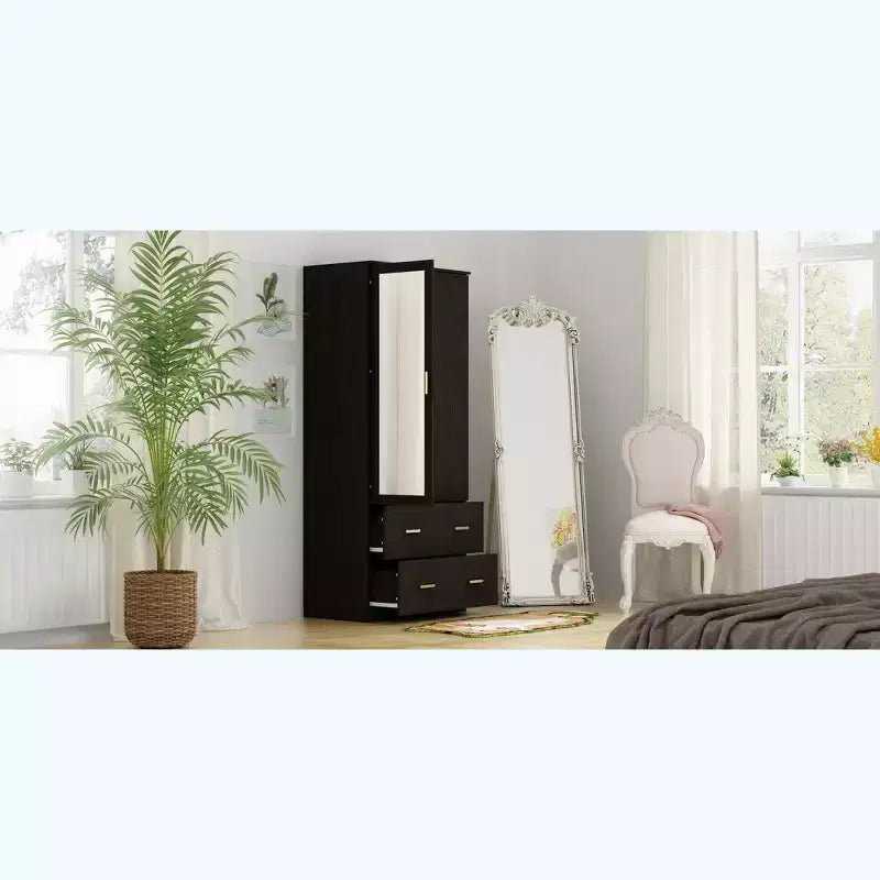 Hitow Kleiderschrank mit Doppelschublade, Spiegeltüren und zoniertem Stauraum